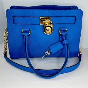 Guc Michael Kors Hamilton Heritage Blue Leather Shoulder Tote Bag Medium Purse
